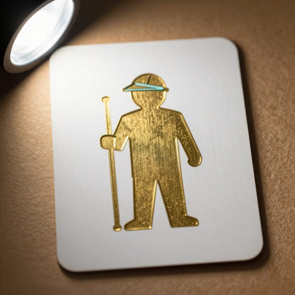 Plotline surveyor, die cut card stock figure stamped in brass foil